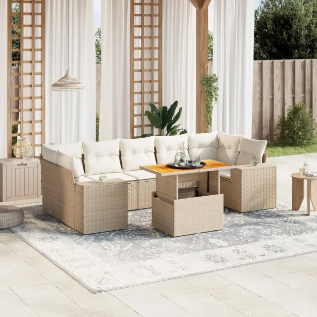 Salon de jardin avec coussins 8 pcs beige résine tressée