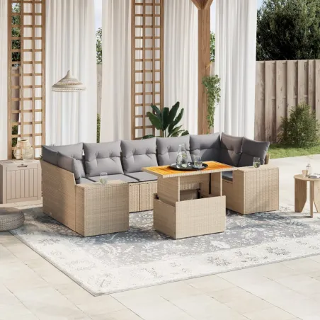 Salon de jardin avec coussins 8 pcs beige résine tressée