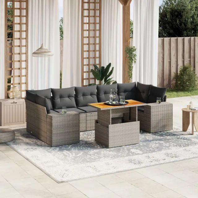 Salon de jardin 8 pcs avec coussins gris résine tressée