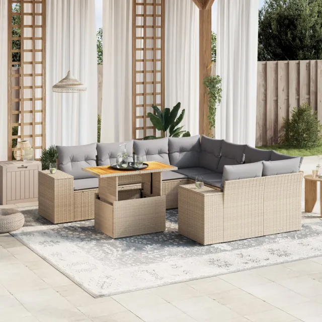 Salon de jardin avec coussins 9 pcs beige résine tressée