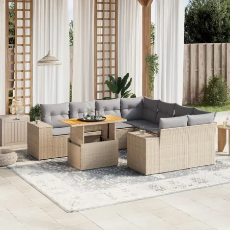 Salon de jardin avec coussins 9 pcs beige résine tressée