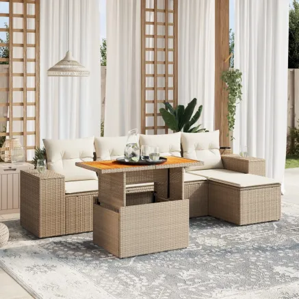 Salon de jardin avec coussins 6 pcs beige résine tressée