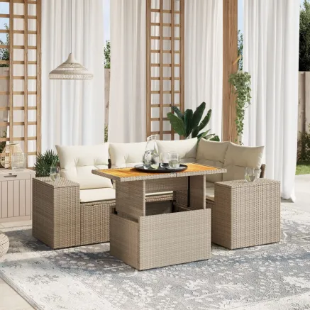 Salon de jardin avec coussins 5 pcs beige résine tressée