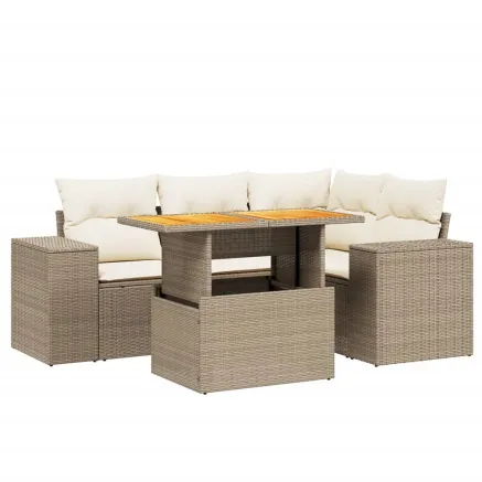 Salon de jardin avec coussins 5 pcs beige résine tressée 2