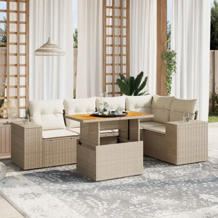 Salon de jardin avec coussins 6 pcs beige résine tressée