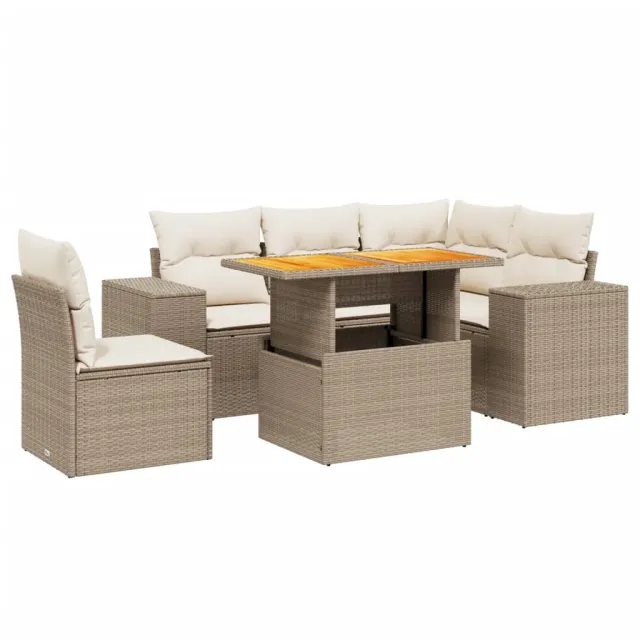 Salon de jardin avec coussins 6 pcs beige résine tressée