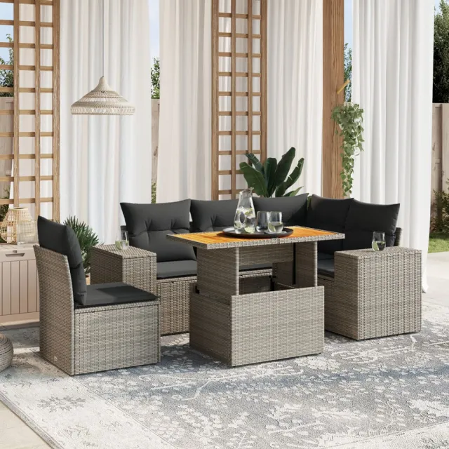 Salon de jardin 6 pcs avec coussins gris résine tressée