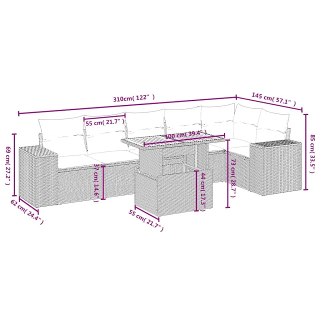 Salon de jardin avec coussins 7 pcs beige résine tressée