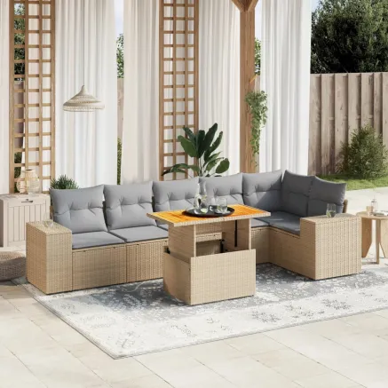 Salon de jardin avec coussins 7 pcs beige résine tressée