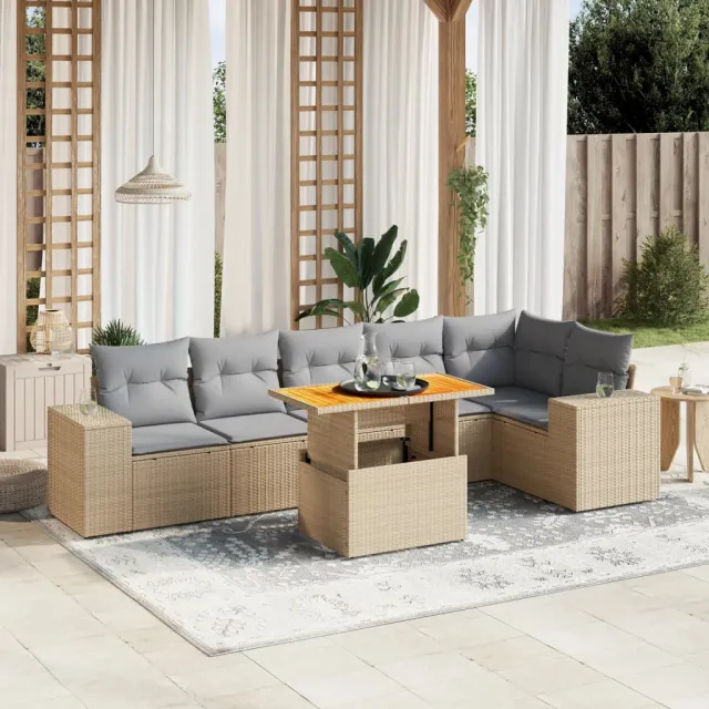 Salon de jardin avec coussins 7 pcs beige résine tressée