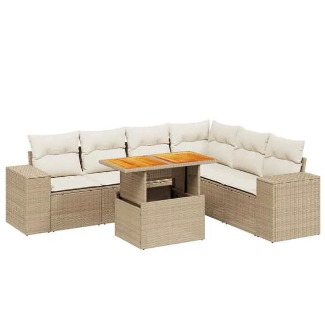 Salon de jardin avec coussins 7 pcs beige résine tressée