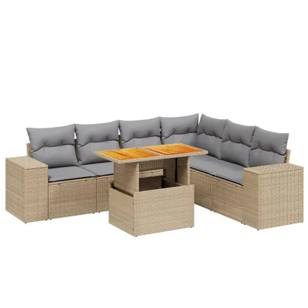 Salon de jardin avec coussins 7 pcs beige résine tressée 2