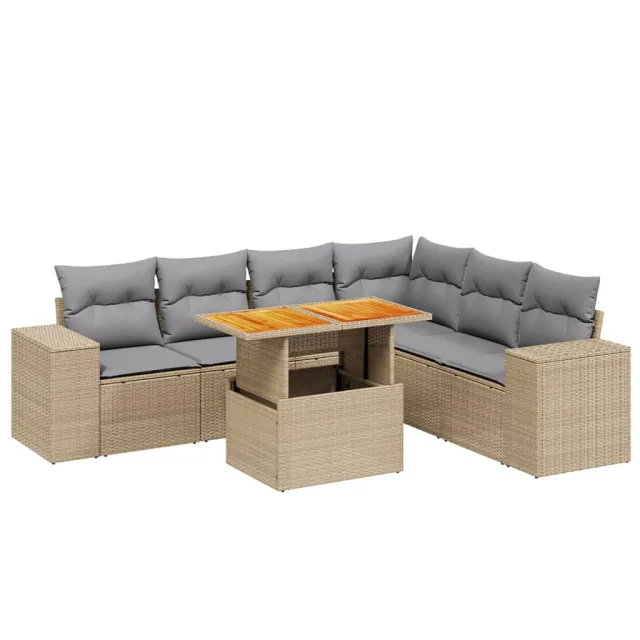 Salon de jardin avec coussins 7 pcs beige résine tressée