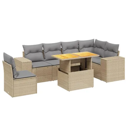 Salon de jardin avec coussins 7 pcs beige résine tressée 2