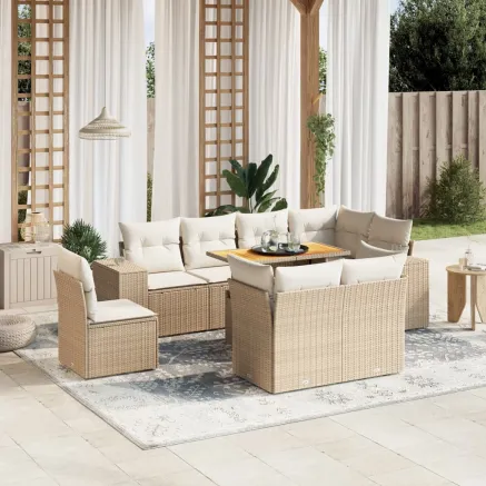 Salon de jardin avec coussins 9 pcs beige résine tressée