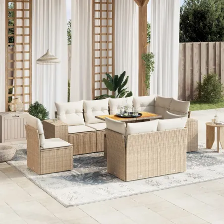 Salon de jardin avec coussins 9 pcs beige résine tressée