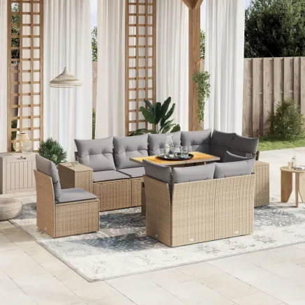 Salon de jardin avec coussins 9 pcs beige résine tressée