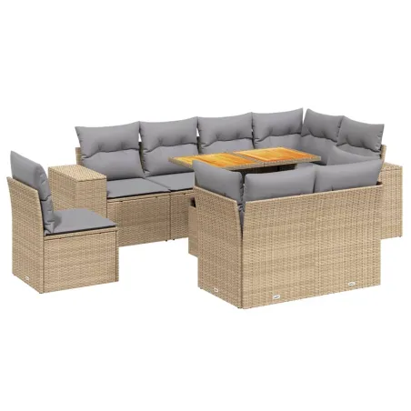 Salon de jardin avec coussins 9 pcs beige résine tressée