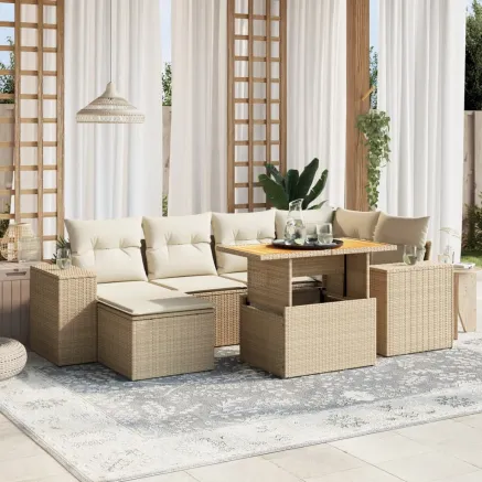 Salon de jardin avec coussins 7 pcs beige résine tressée
