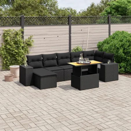 Salon de jardin 8 pcs avec coussins noir résine tressée