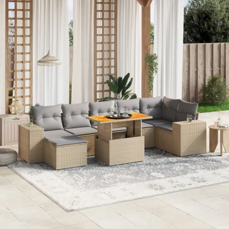 Salon de jardin avec coussins 8 pcs beige résine tressée