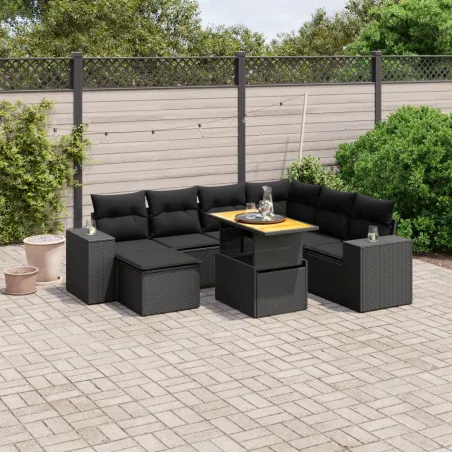 Salon de jardin 8 pcs avec coussins noir résine tressée
