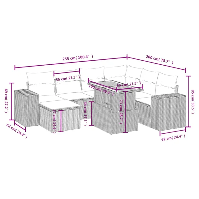 Salon de jardin avec coussins 8 pcs beige résine tressée