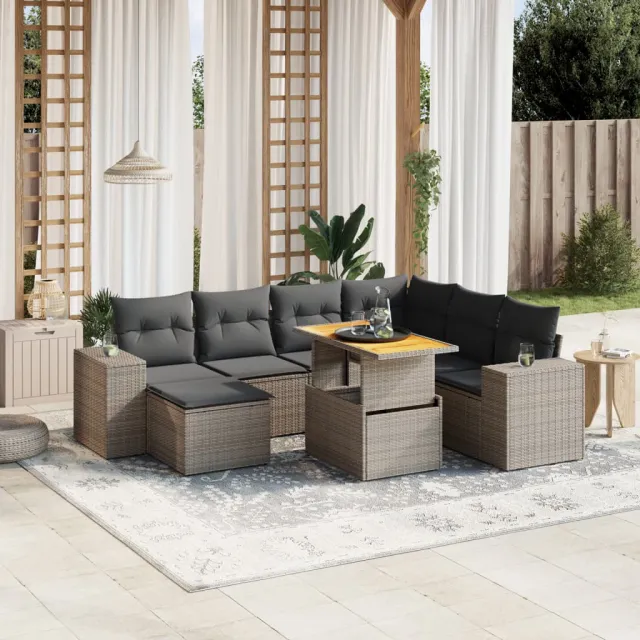Salon de jardin 8 pcs avec coussins gris résine tressée