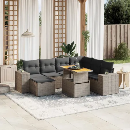 Salon de jardin 8 pcs avec coussins gris résine tressée