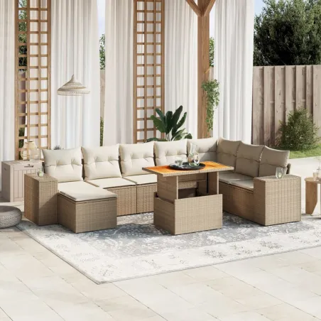 Salon de jardin avec coussins 9 pcs beige résine tressée