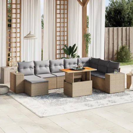 Salon de jardin avec coussins 9 pcs beige résine tressée