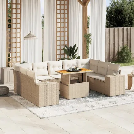 Salon de jardin avec coussins 10 pcs beige résine tressée