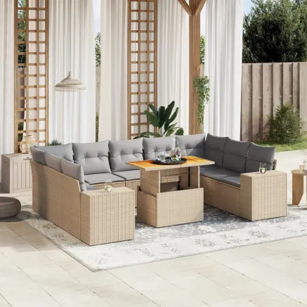 Salon de jardin avec coussins 10 pcs beige résine tressée