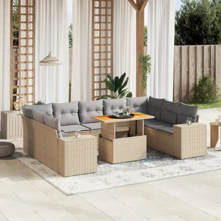 Salon de jardin avec coussins 10 pcs beige résine tressée