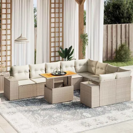 Salon de jardin avec coussins 10 pcs beige résine tressée