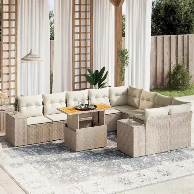 Salon de jardin avec coussins 10 pcs beige résine tressée