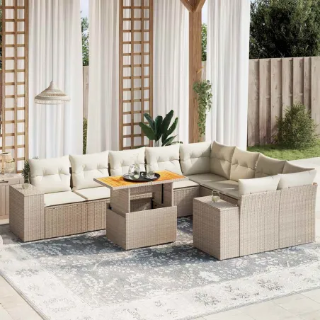 Salon de jardin avec coussins 10 pcs beige résine tressée