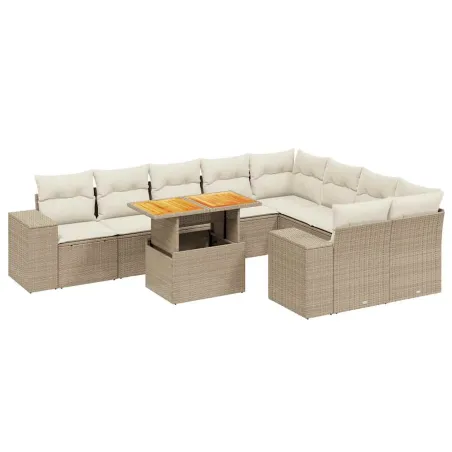 Salon de jardin avec coussins 10 pcs beige résine tressée