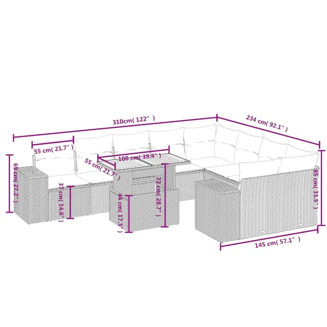 Salon de jardin avec coussins 10 pcs beige résine tressée