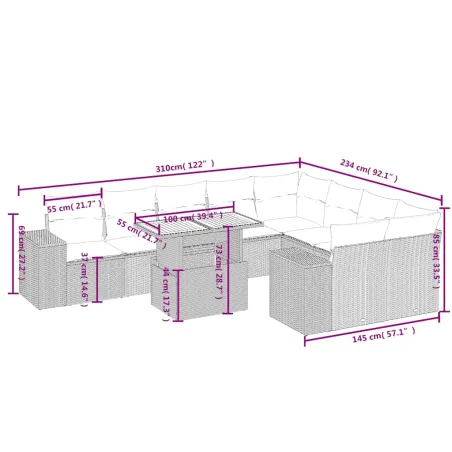 Salon de jardin avec coussins 10 pcs beige résine tressée