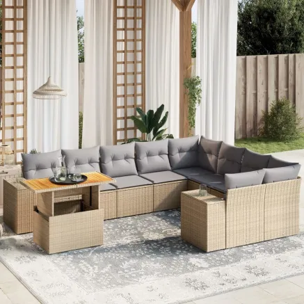 Salon de jardin avec coussins 10 pcs beige résine tressée