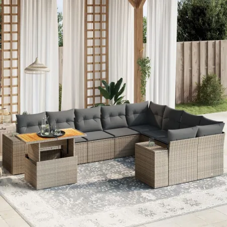 Salon de jardin avec coussins 10 pcs gris résine tressée