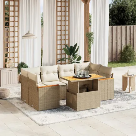 Salon de jardin avec coussins 7 pcs beige résine tressée