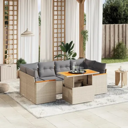 Salon de jardin avec coussins 7 pcs beige résine tressée