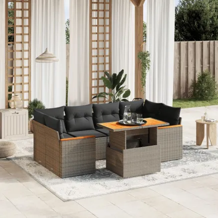 Salon de jardin avec coussins 7 pcs gris résine tressée