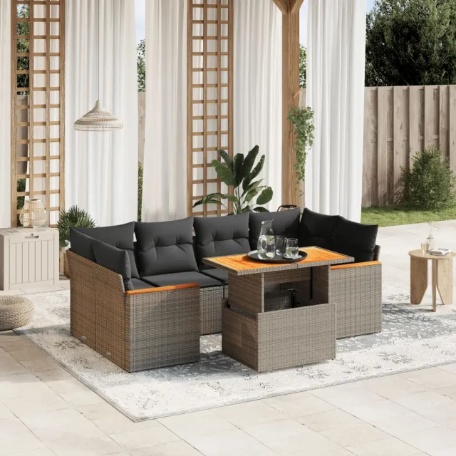 Salon de jardin avec coussins 7 pcs gris résine tressée