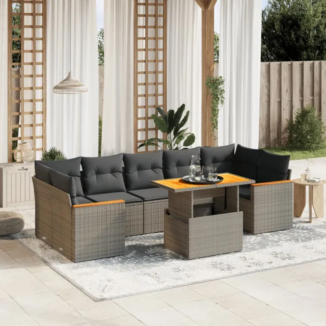 Salon de jardin 8 pcs avec coussins gris résine tressée