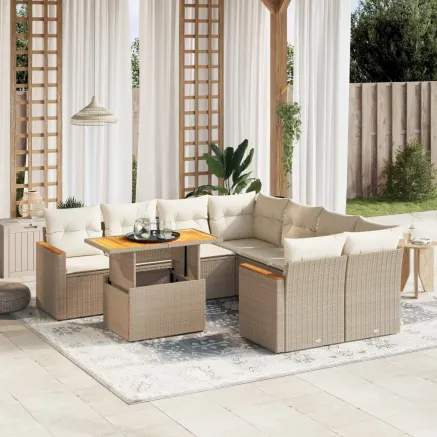Salon de jardin avec coussins 9 pcs beige résine tressée