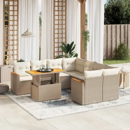 Salon de jardin avec coussins 9 pcs beige résine tressée
