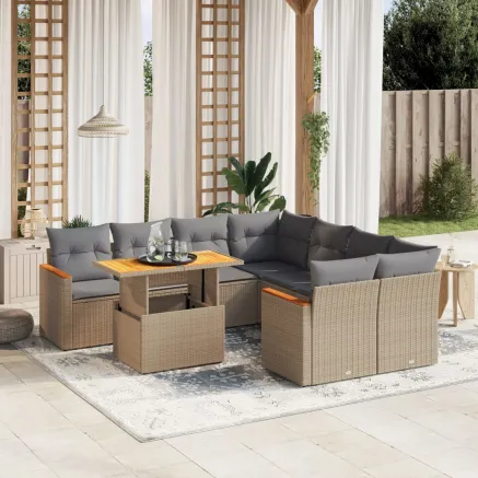 Salon de jardin avec coussins 9 pcs beige résine tressée